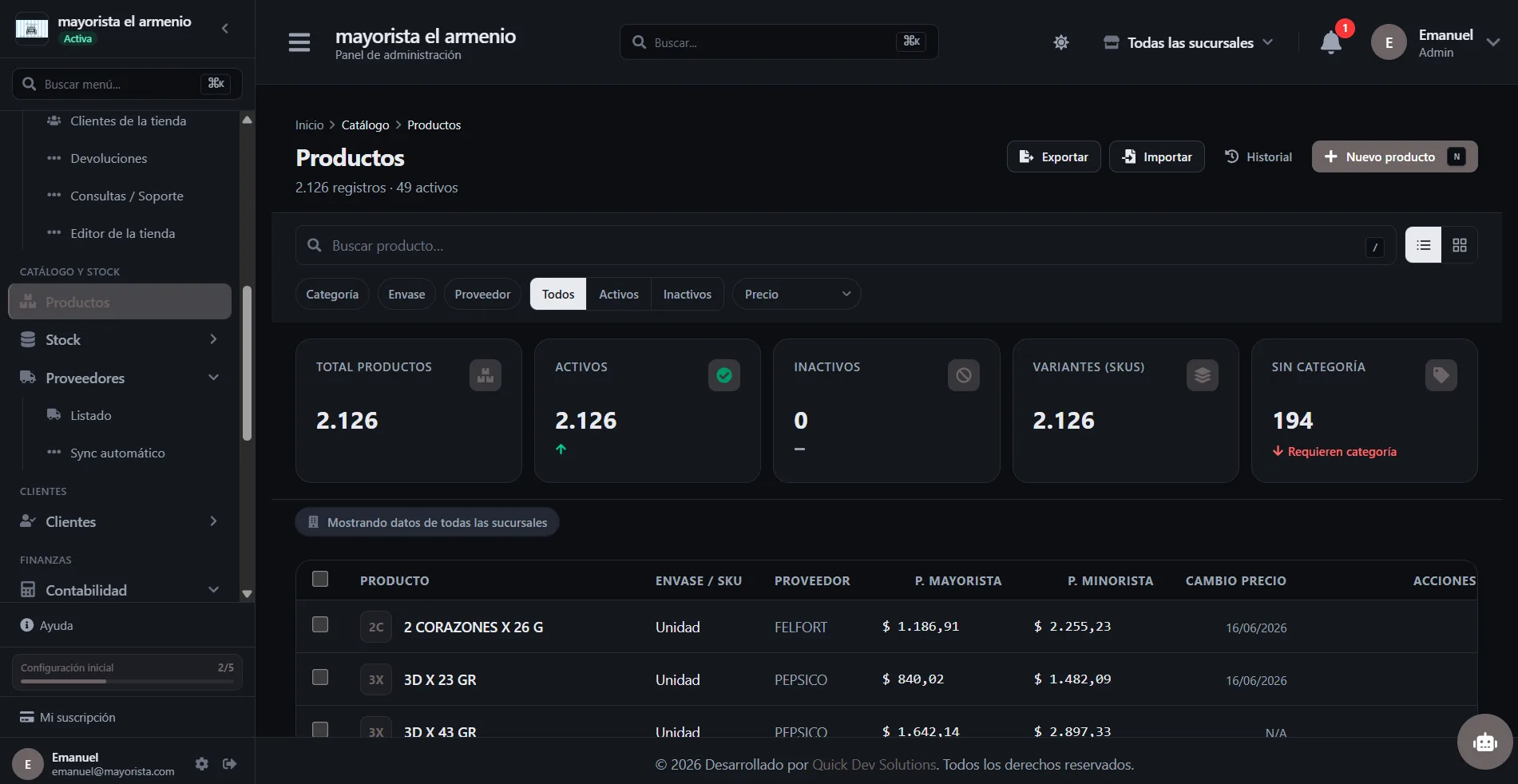 Gestor de productos de QuickMayorista con precios mayorista y minorista
