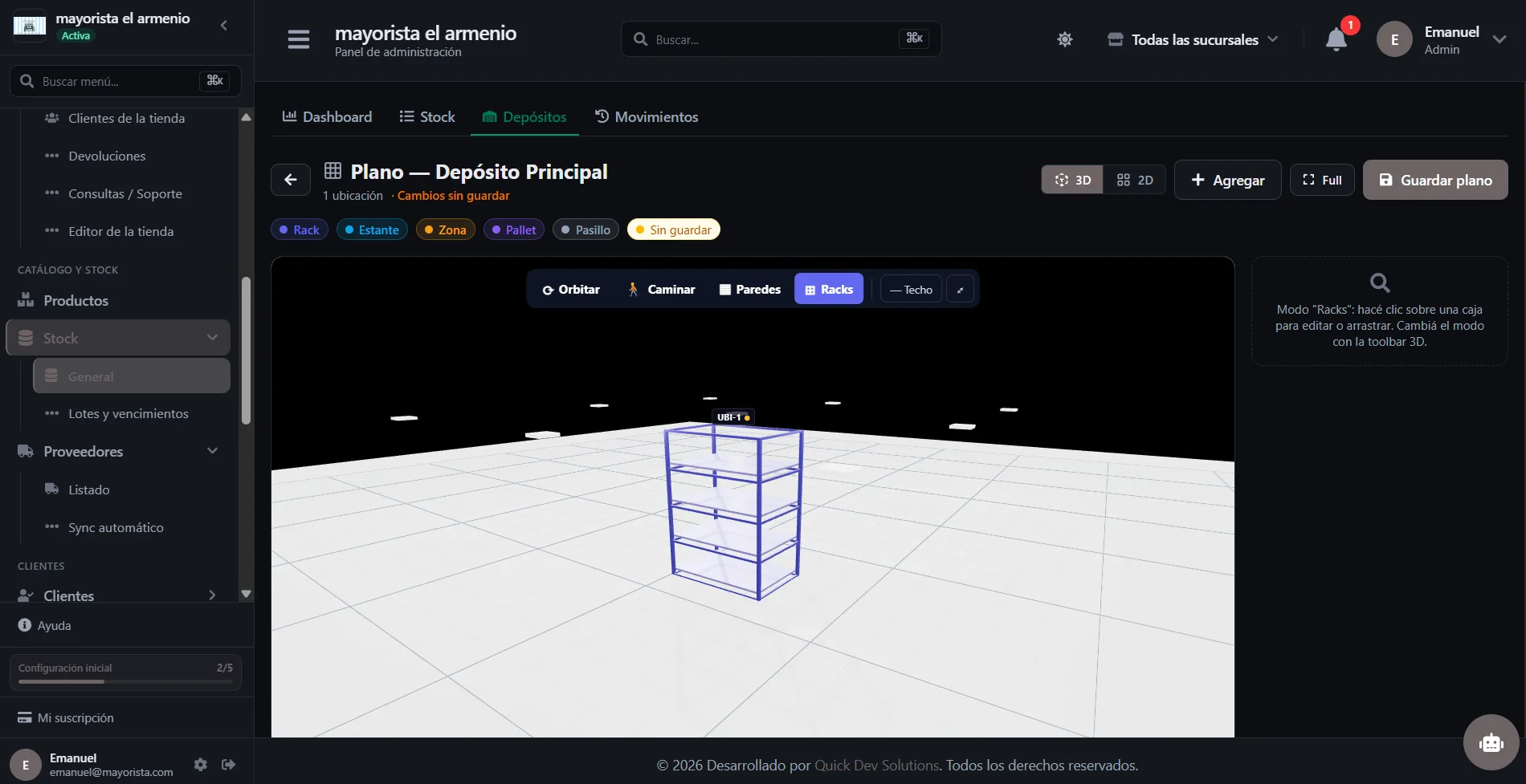 Gestor de stock con plano 3D del depósito en QuickMayorista